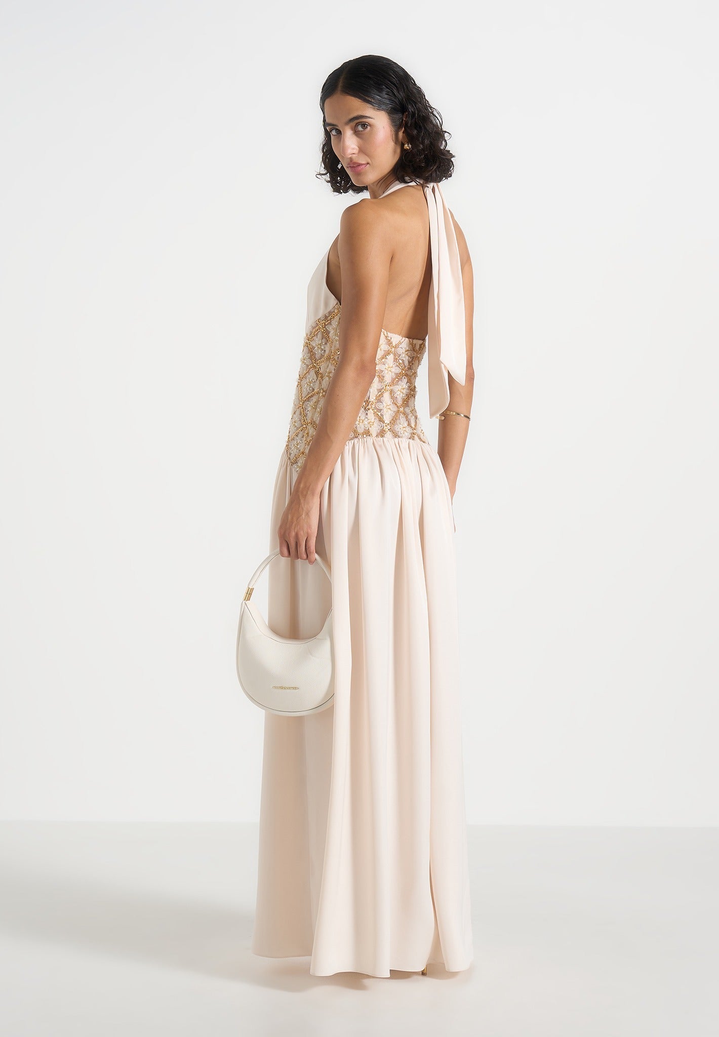 Women's Halterneck Embellished Corset Gathered Maxi Dress - Cream - US 10 - Ava