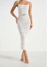 Danika - Metallic Knit Belted Midi Dress - White