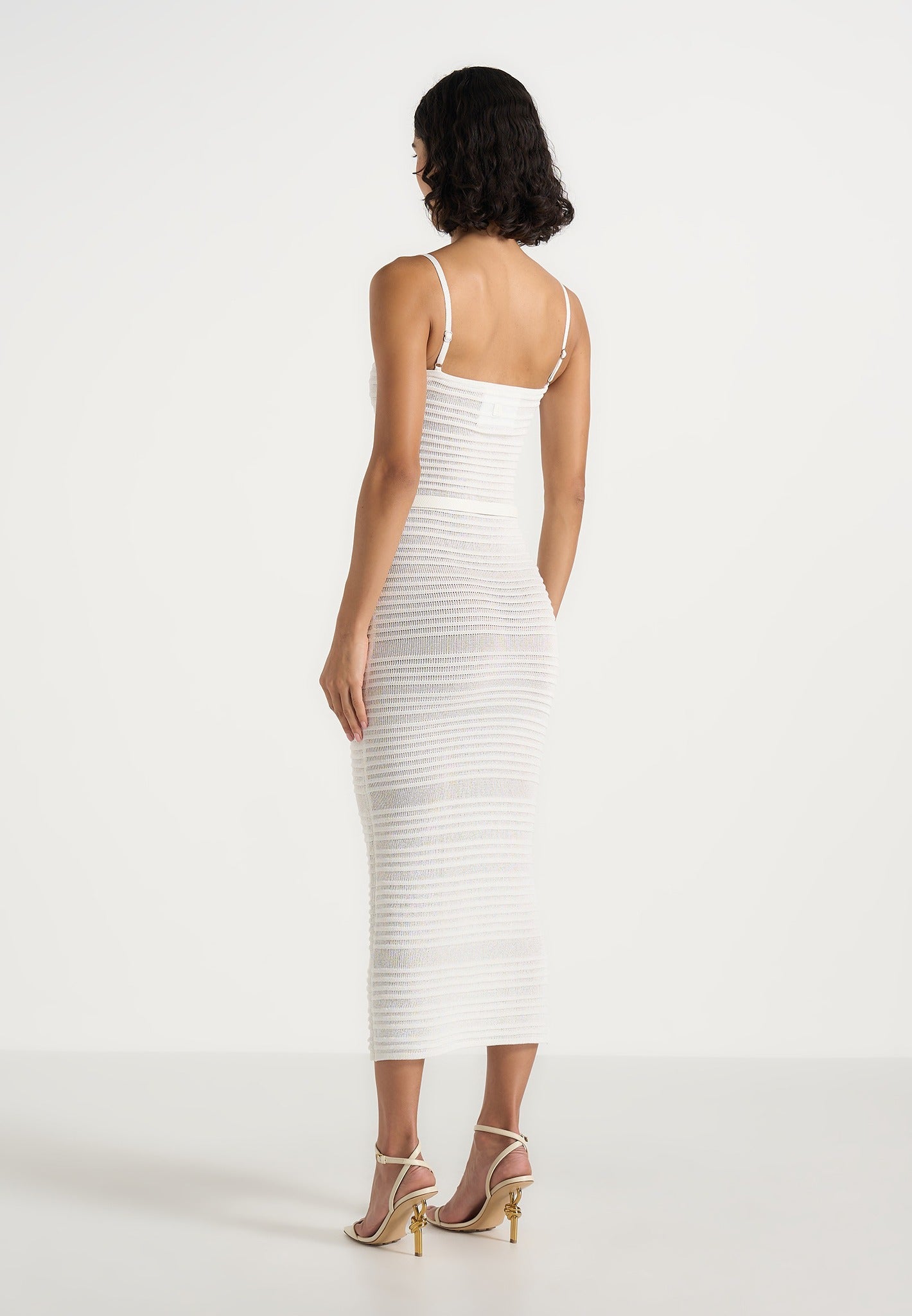 Danika - Metallic Knit Belted Midi Dress - White