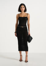 Danika - Metallic Rib Knit Belted Midi Dress - Black