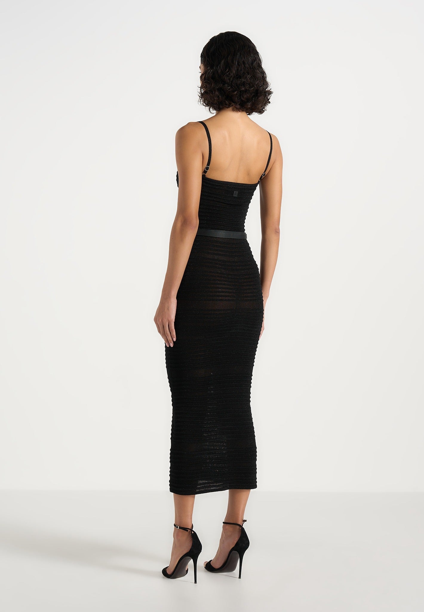 Danika - Metallic Rib Knit Belted Midi Dress - Black