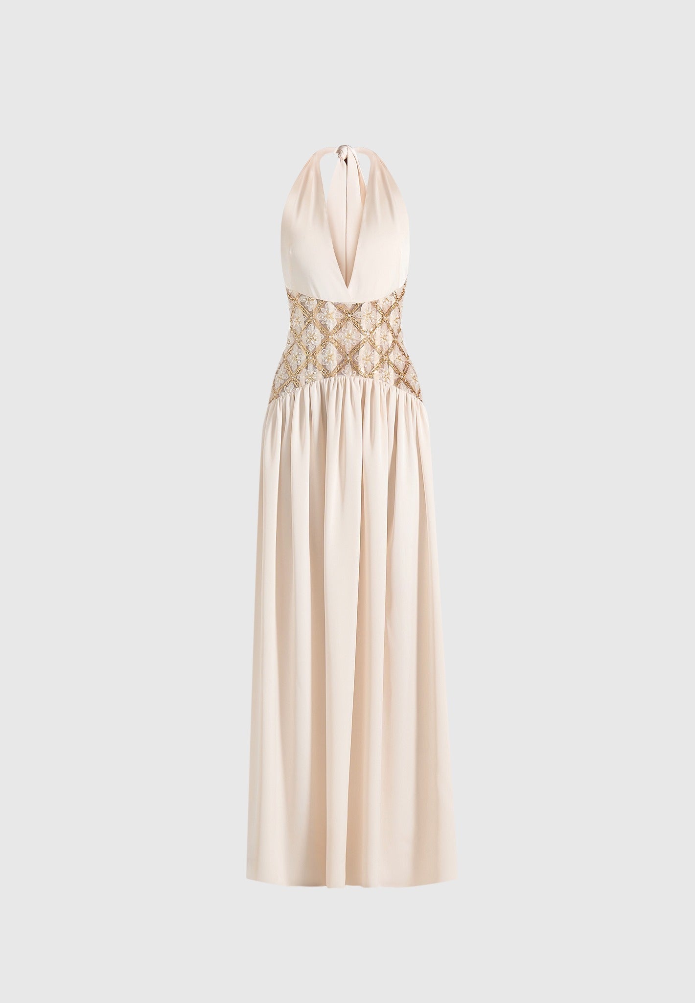 Women's Halterneck Embellished Corset Gathered Maxi Dress - Cream - US 10 - Ava