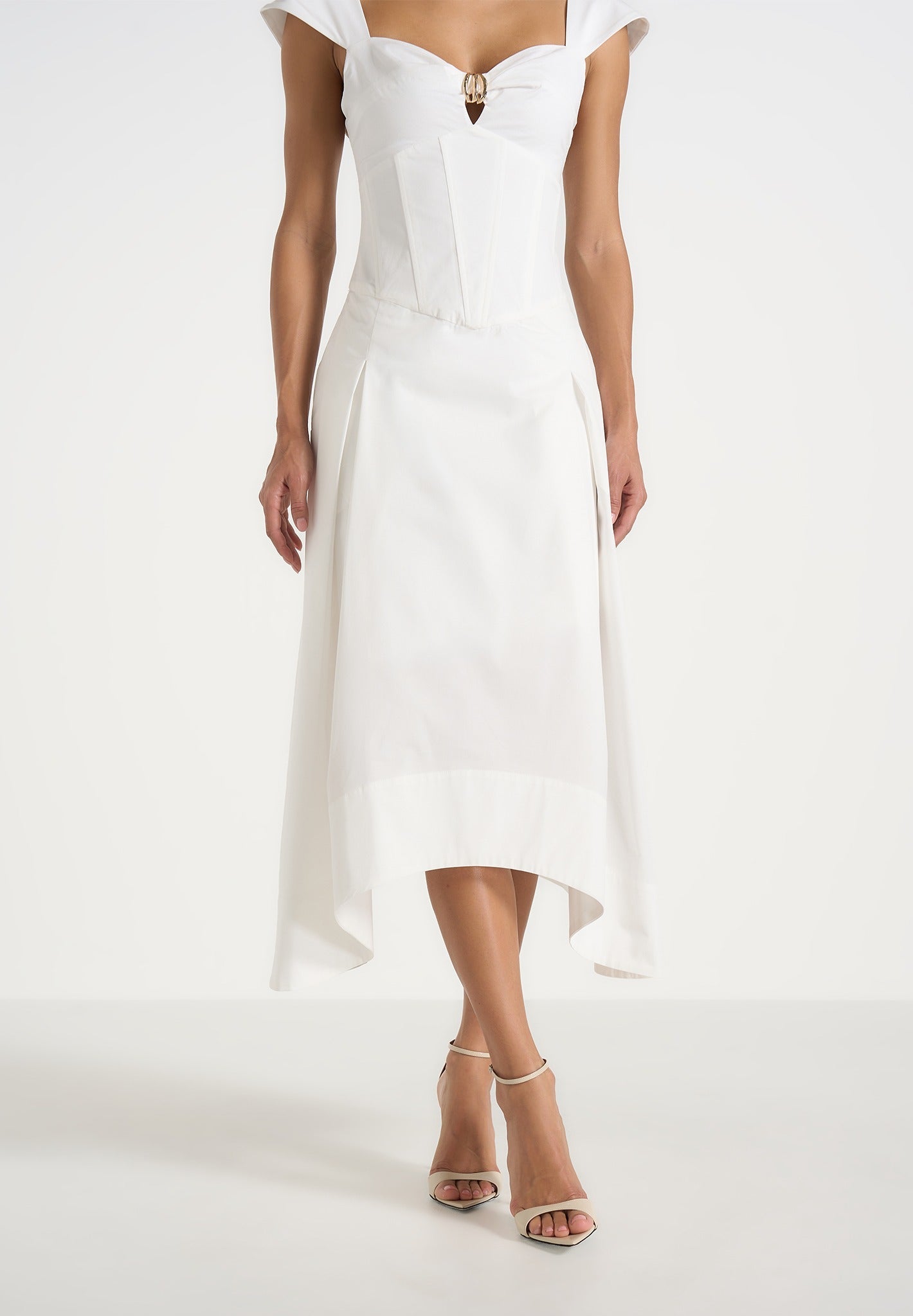 Faith - Cap Sleeve Corset Cotton Midi Dress  - White 