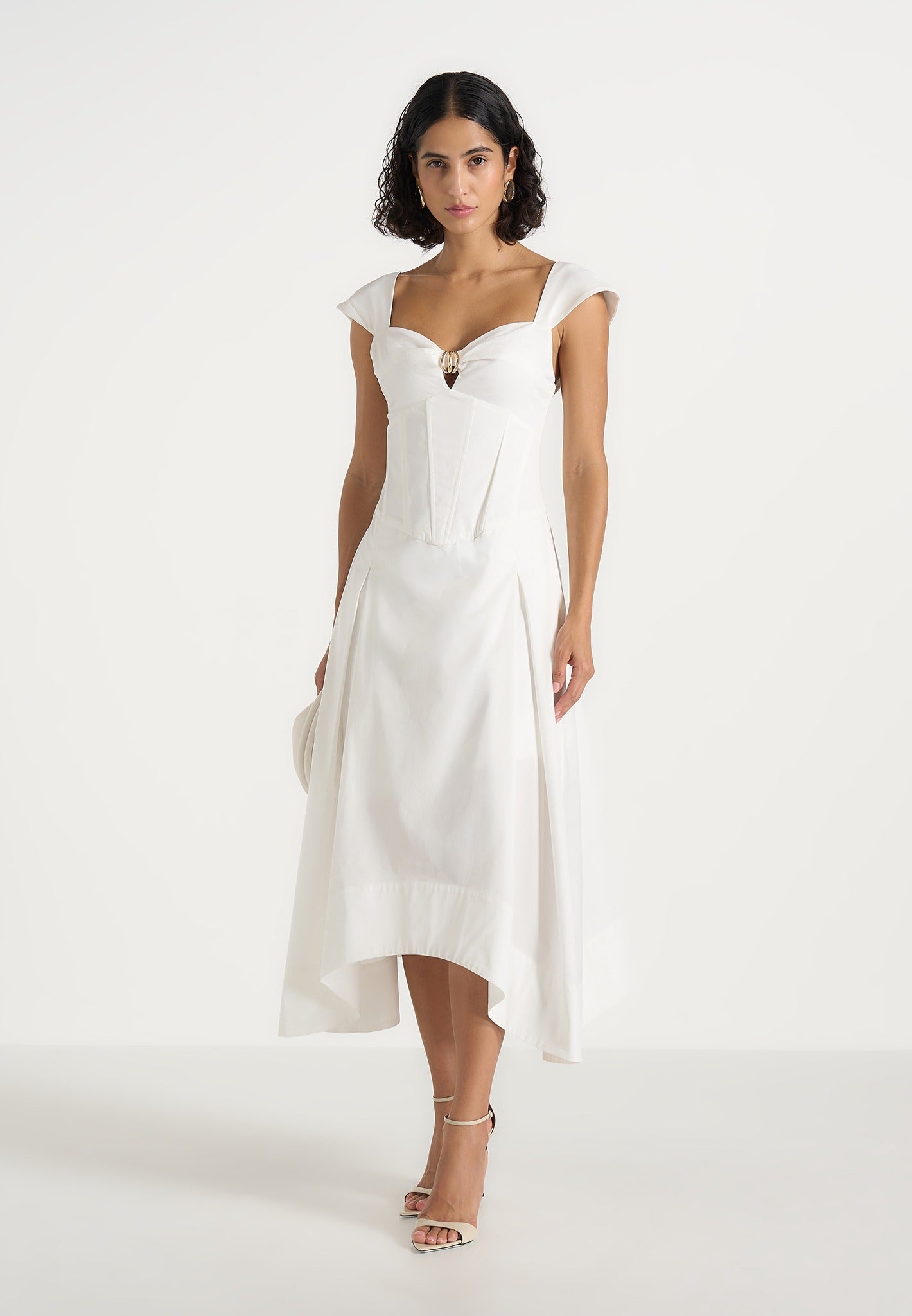 Faith - Cap Sleeve Corset Cotton Midi Dress  - White 