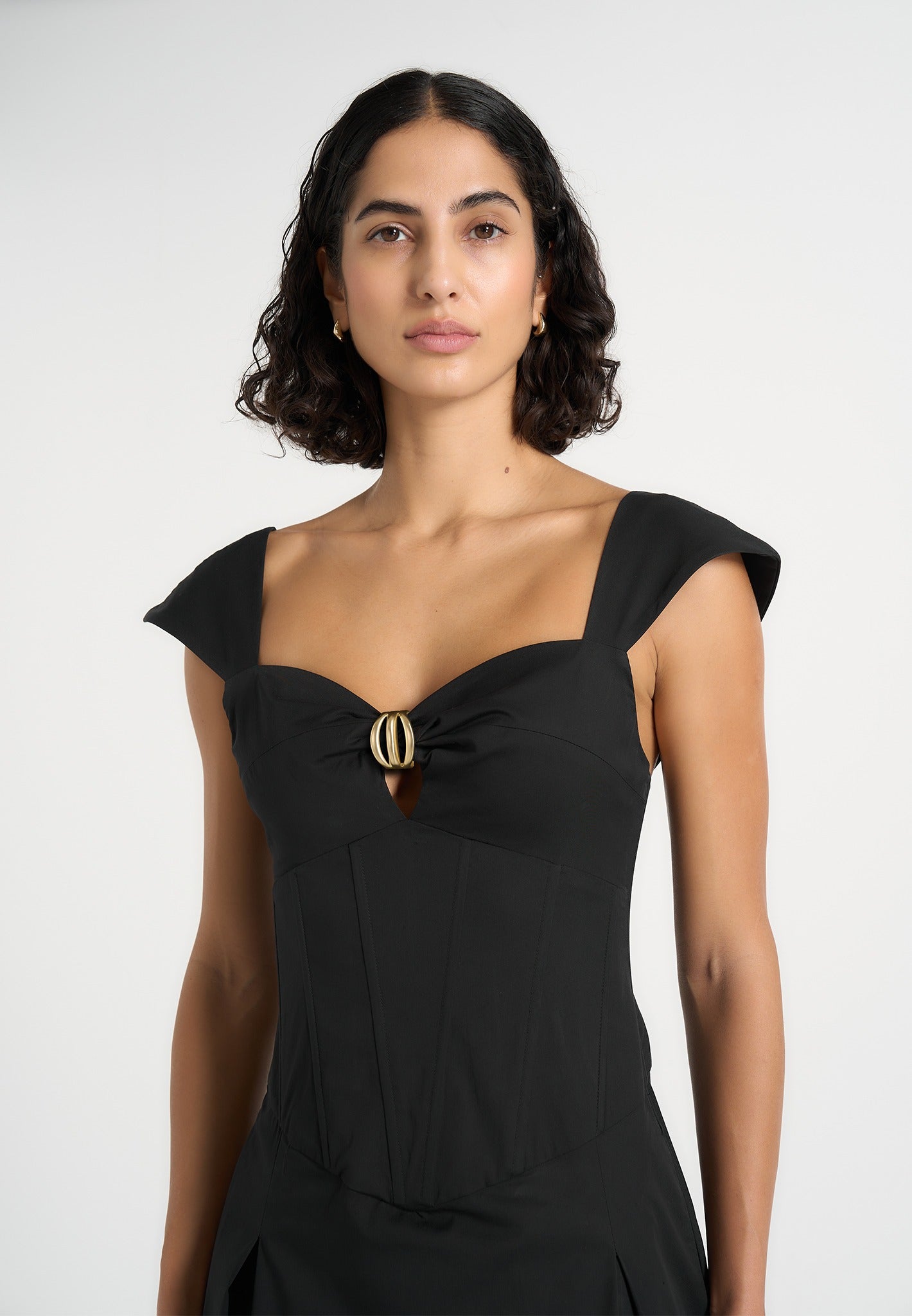Faith - Cap Sleeve Corset Cotton Midi Dress - Black