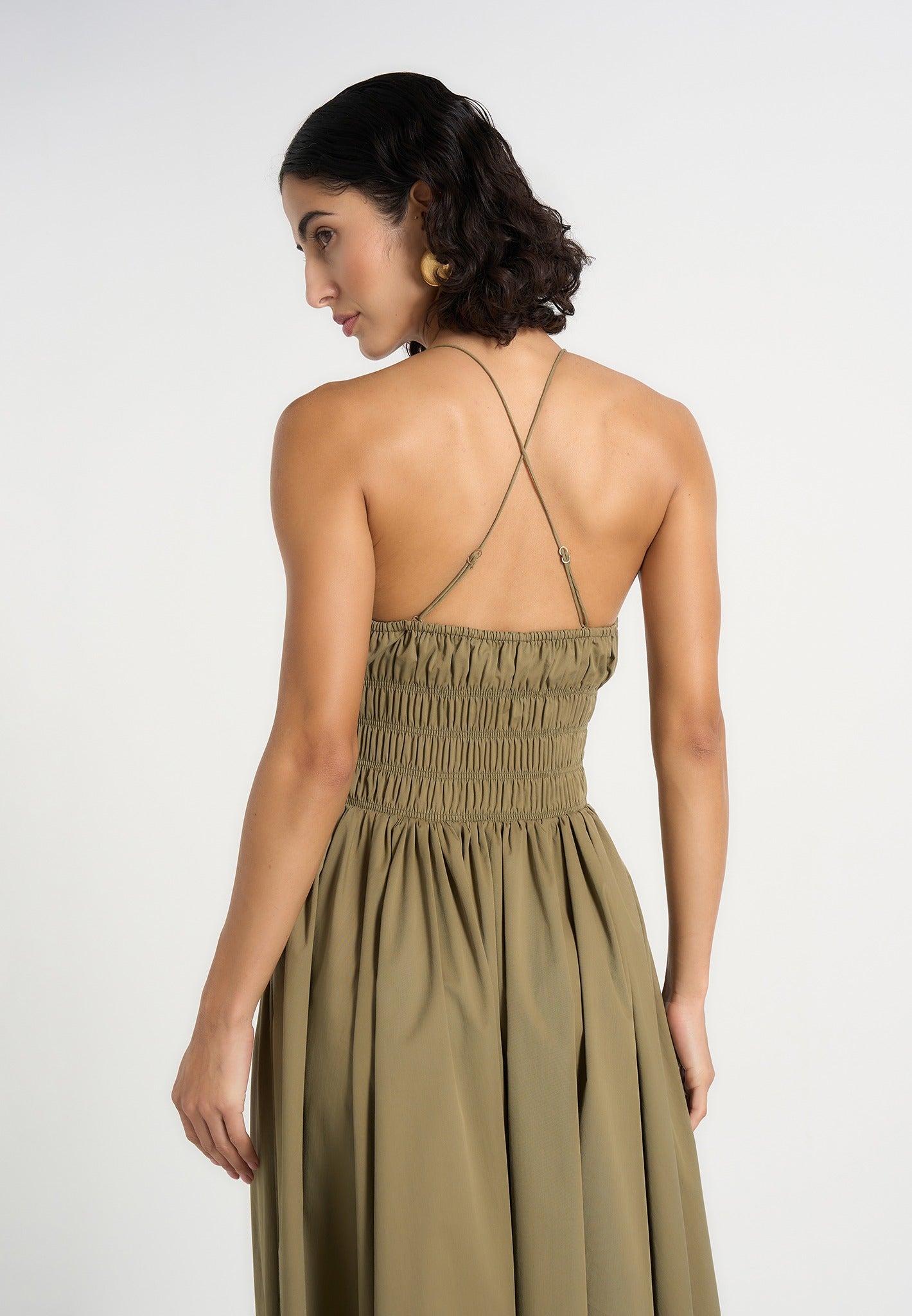 Elva - Smocked Waist Cotton Maxi Dress - Khaki 