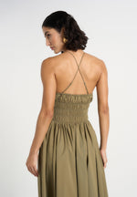 Elva - Smocked Waist Cotton Maxi Dress - Khaki