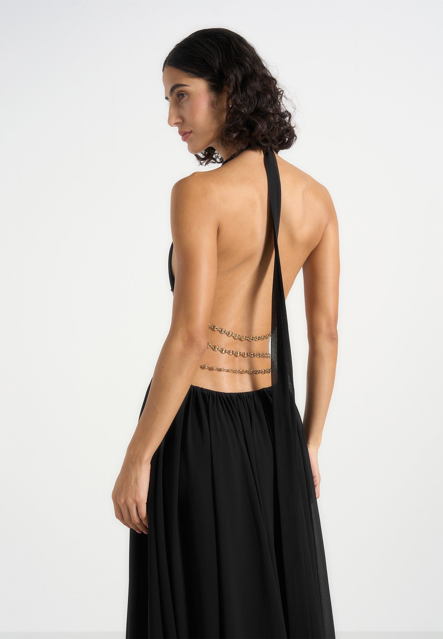Women's Chain Belt Cut-Out Georgette Halter Maxi Dress - Black - US 4 - June