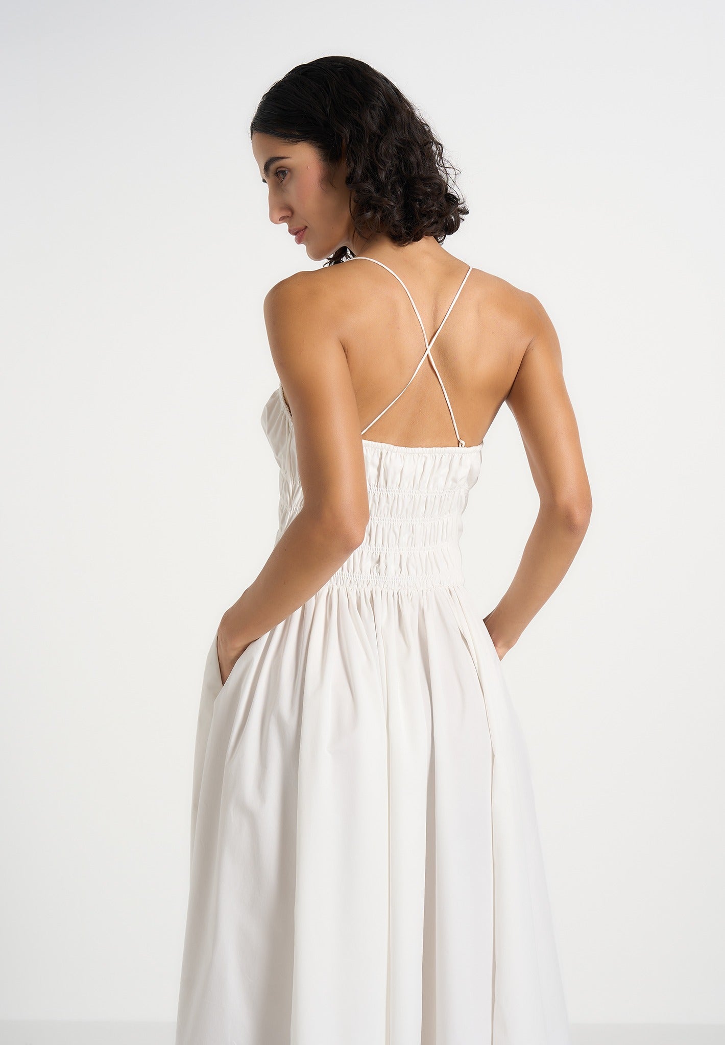 Elva - Smocked Waist Cotton Maxi Dress - White 