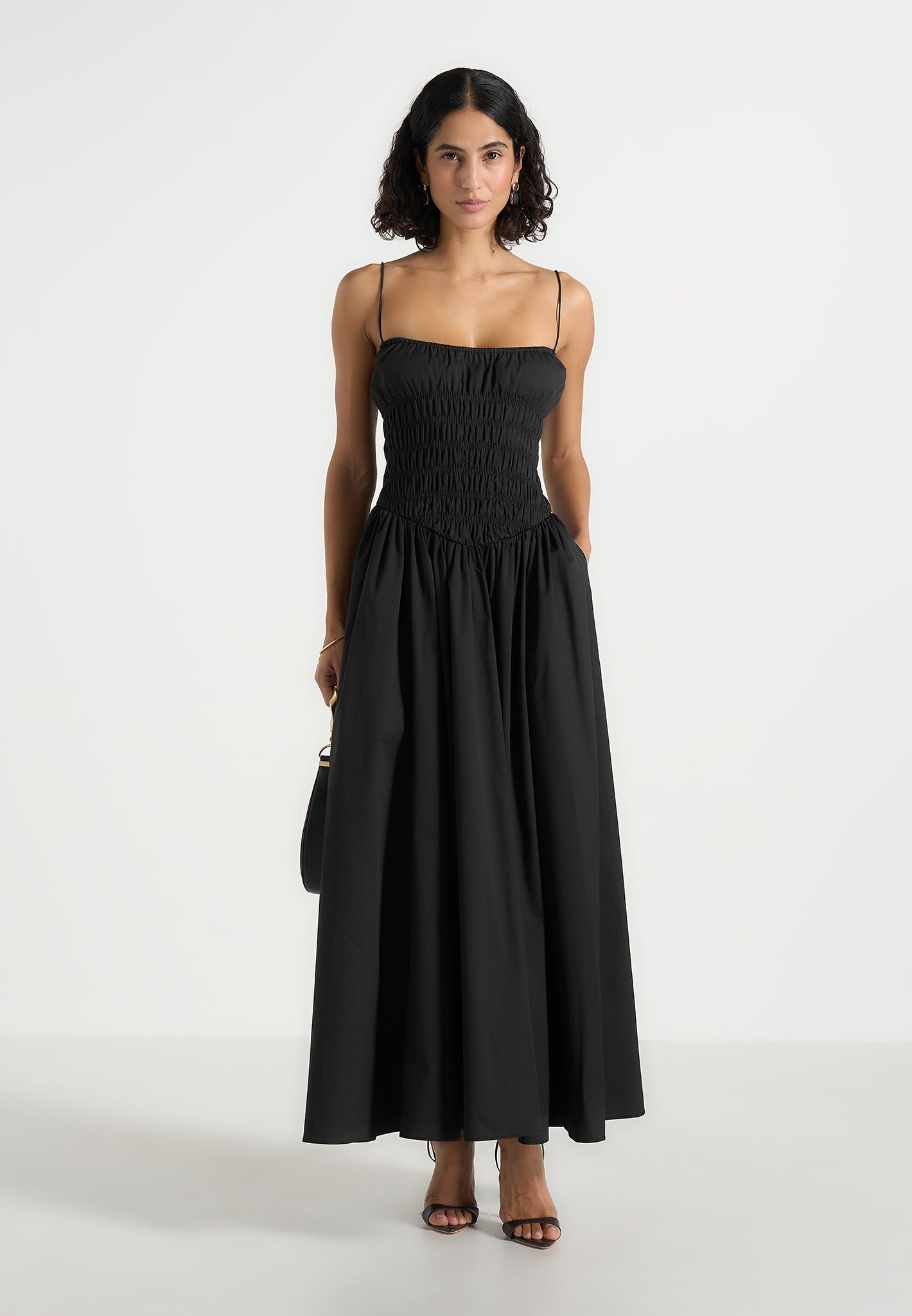 Elva - Smocked Waist Cotton Maxi Dress - Black 