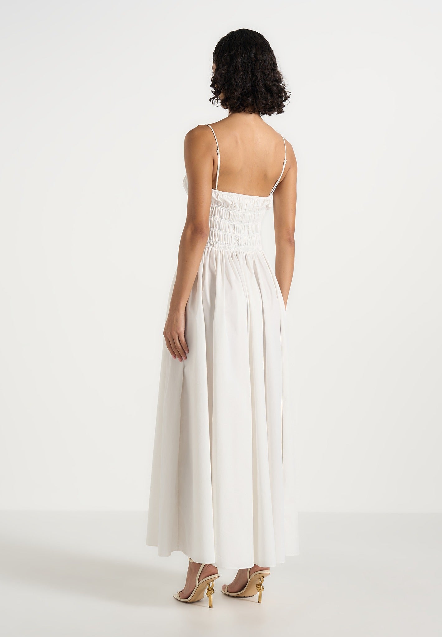 Elva - Smocked Waist Cotton Maxi Dress - White | Manire De Voir USA Elva - Smocked Waist Cotton Maxi Dress - White | Manire De Voir USA