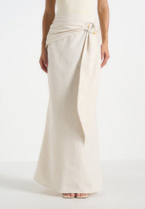 Holly - Linen Asymmetric Wrap Tie Maxi Skirt - Natural