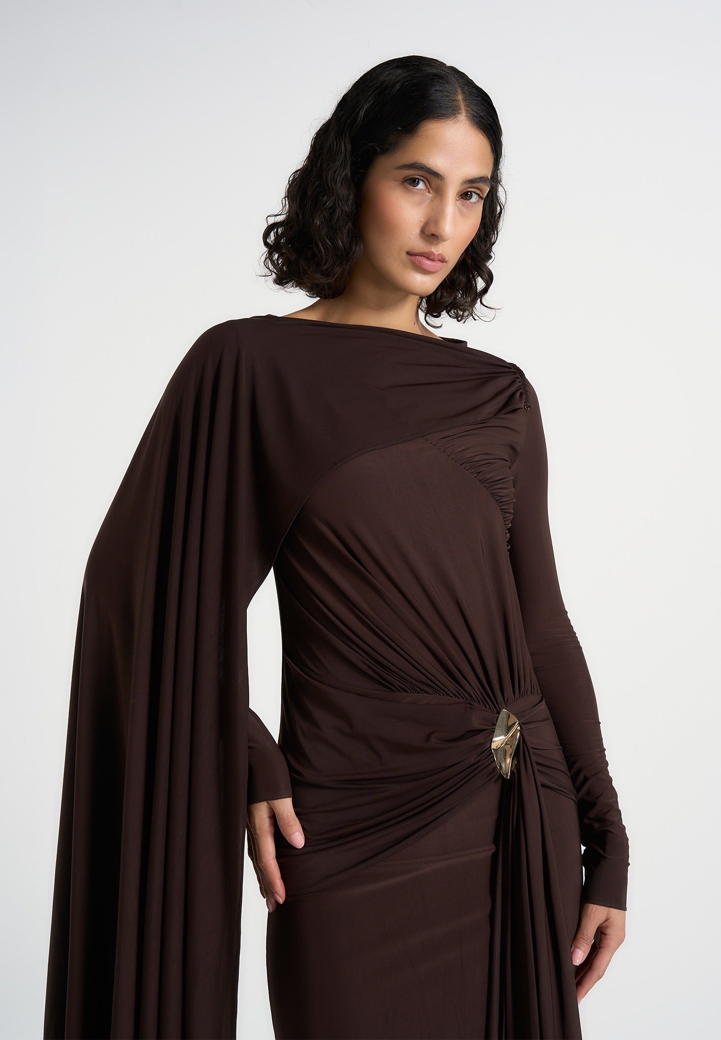 Edena - Asymmetric Ruched Draped Maxi Dress - Brown