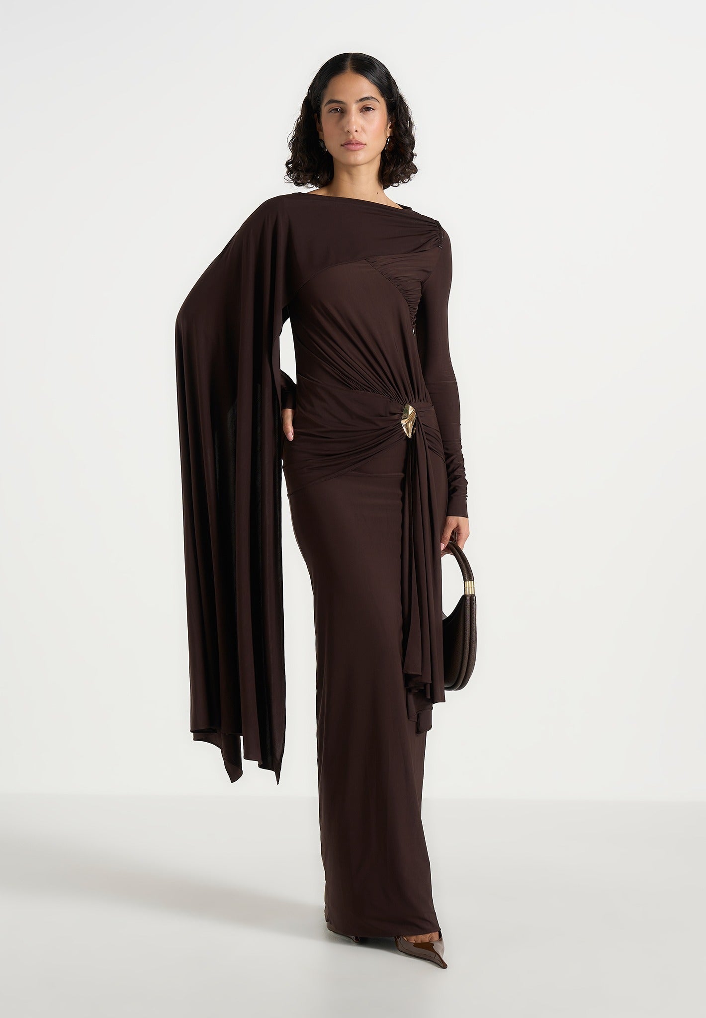Edena - Asymmetric Ruched Draped Maxi Dress - Brown 