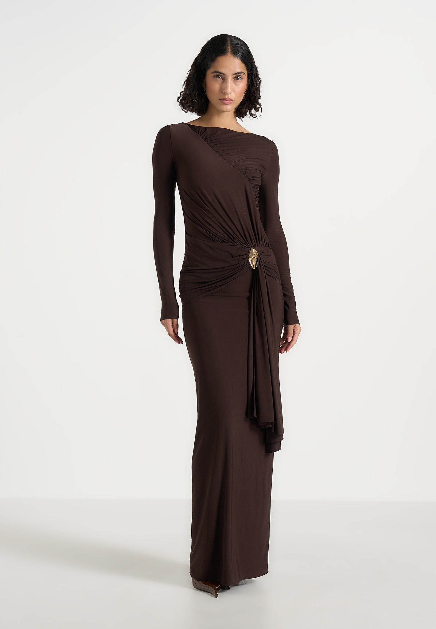 Edena - Asymmetric Ruched Draped Maxi Dress - Brown 