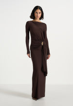 Edena - Asymmetric Ruched Draped Maxi Dress - Brown