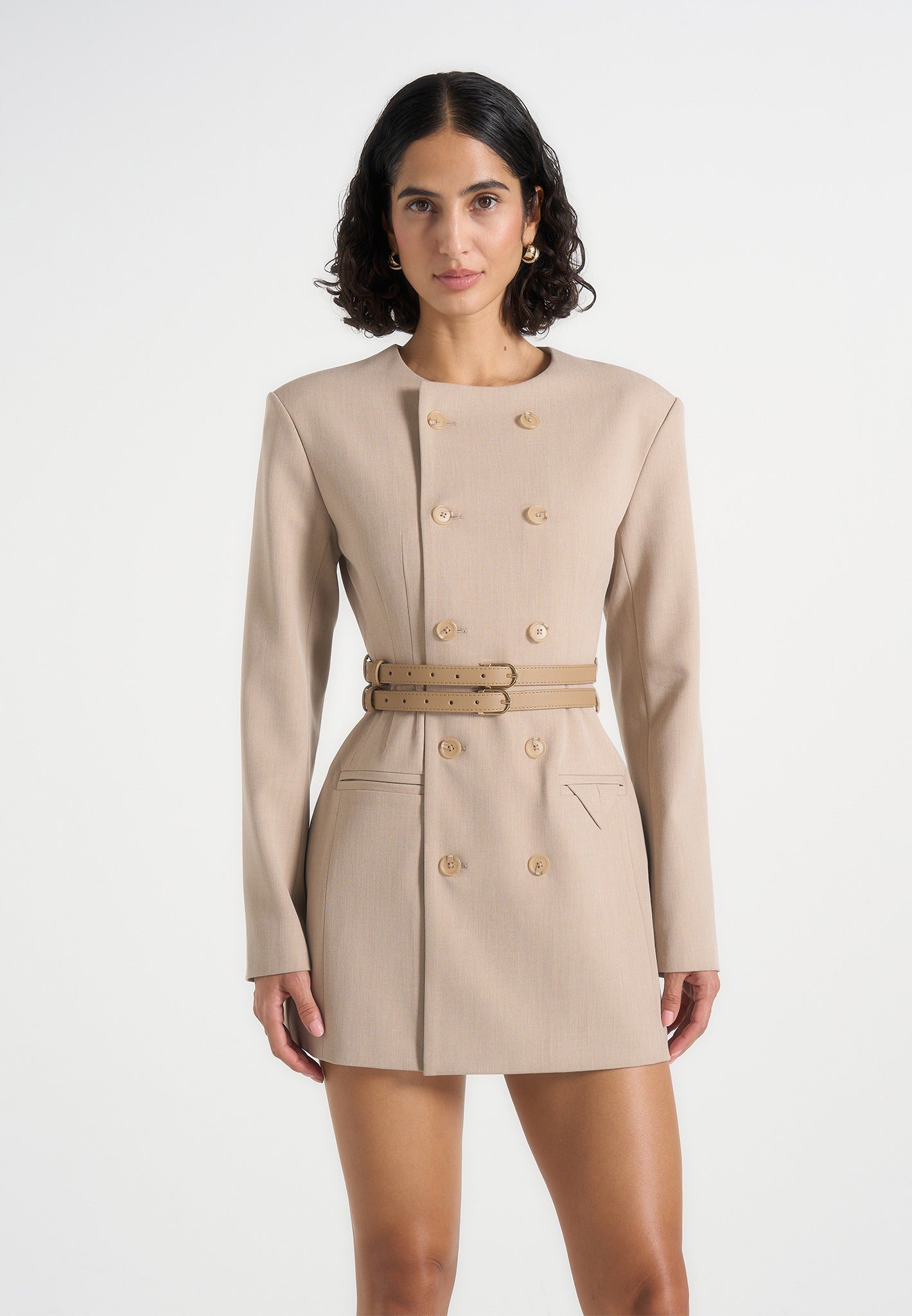 sierra-double-breasted-belted-blazer-dress-beige 