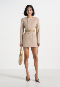 Sierra - Double Breasted Belted Blazer Dress - Beige