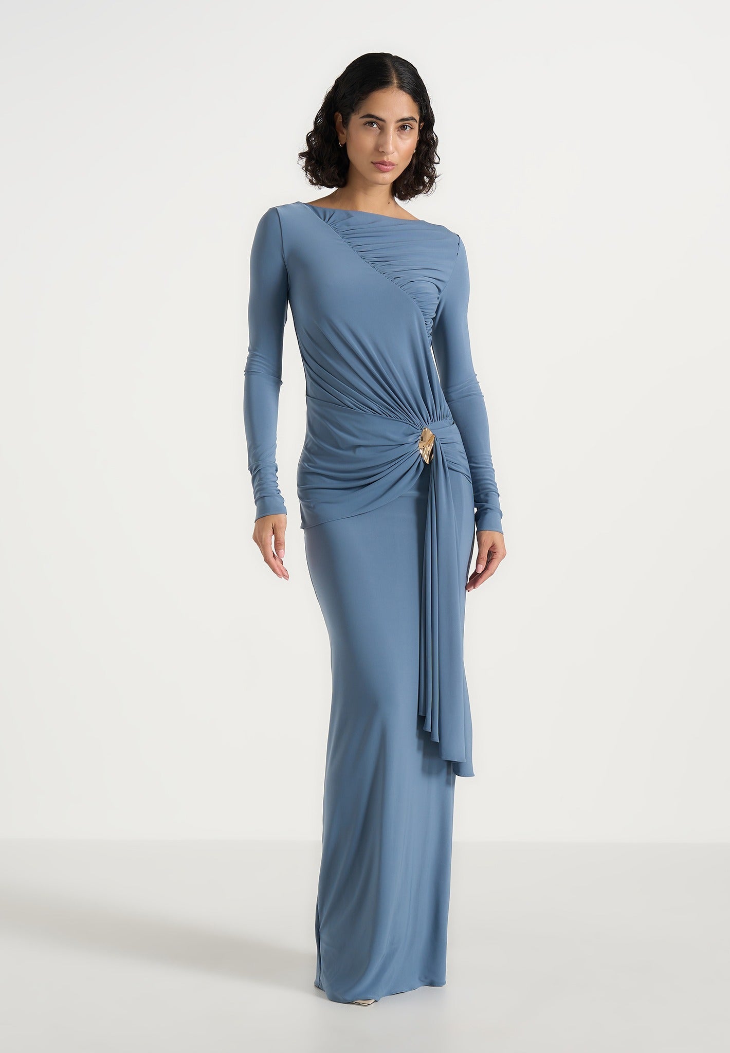 Edena - Asym Ruched Draped Maxi Dress - Blue | Manire De Voir USA Edena - Asym Ruched Draped Maxi Dress - Blue | Manire De Voir USA