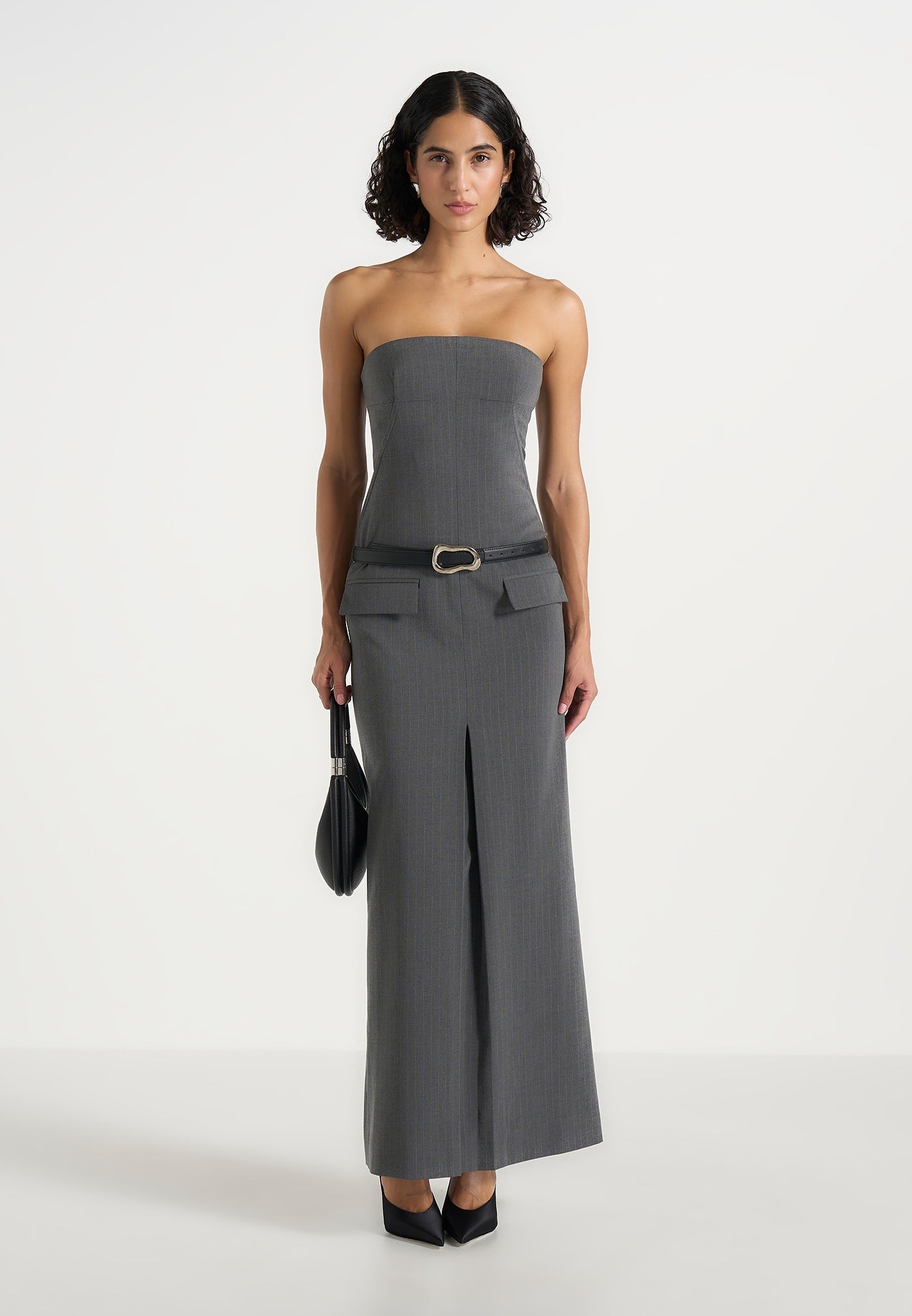 Tabitha - Tailored Pinstripe Bandeau Belted Maxi Dress - Grey 