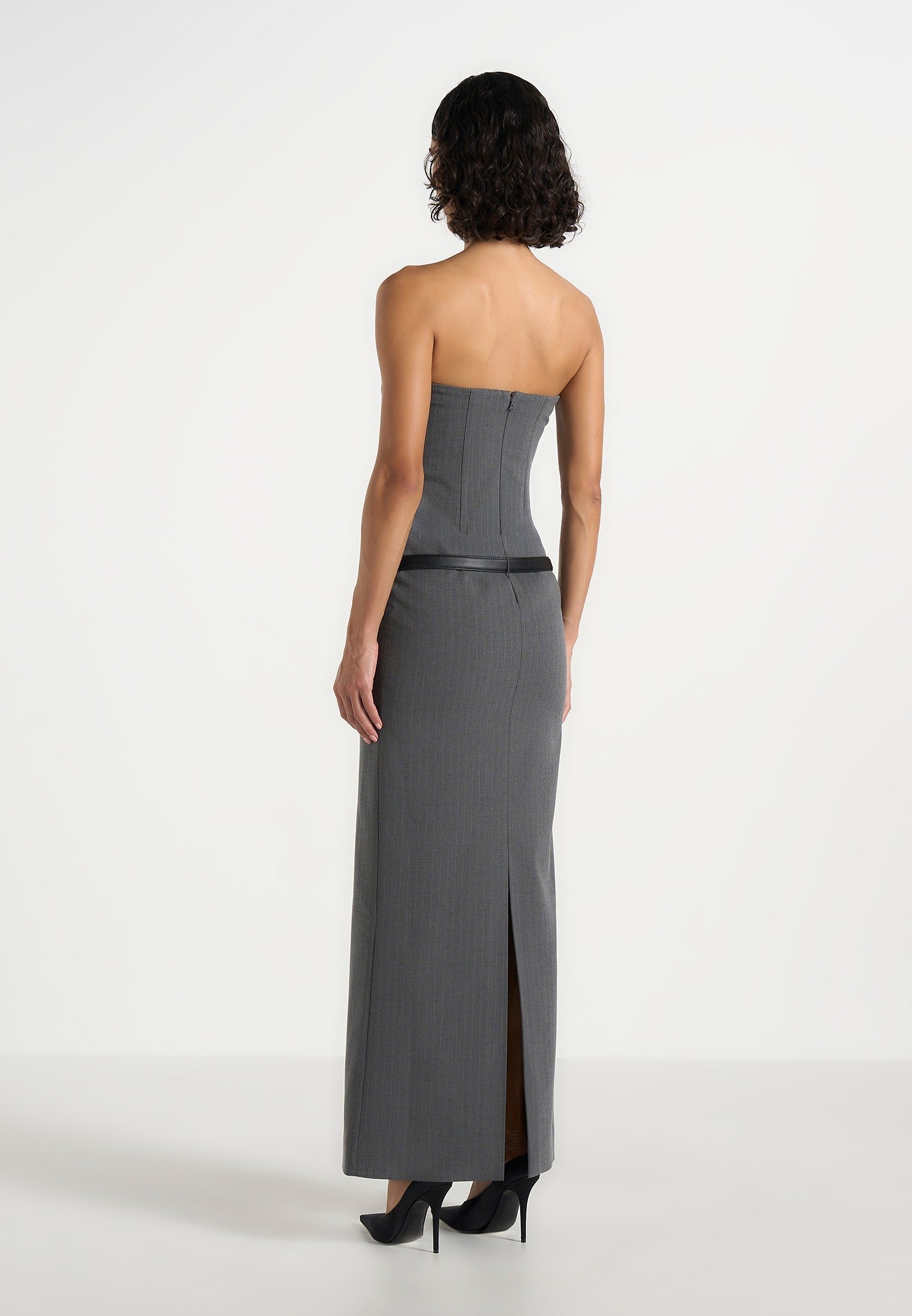 Tabitha - Tailored Pinstripe Bandeau Belted Maxi Dress - Grey