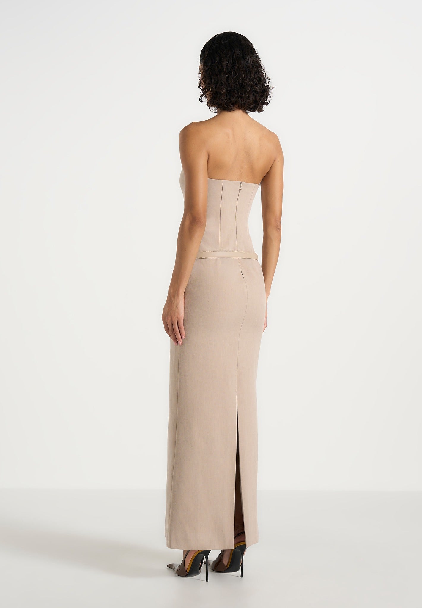 Tabitha - Tailored Bandeau Belted Maxi Dress - Beige