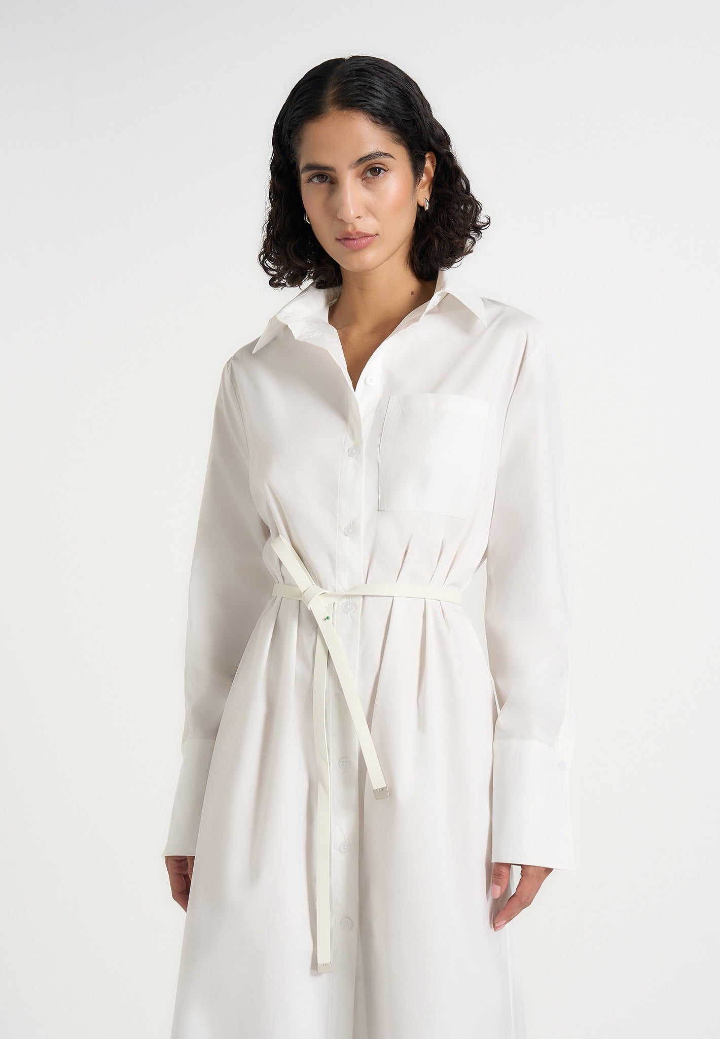 Isa - Belted Cotton Midi Shirt Dress - White 