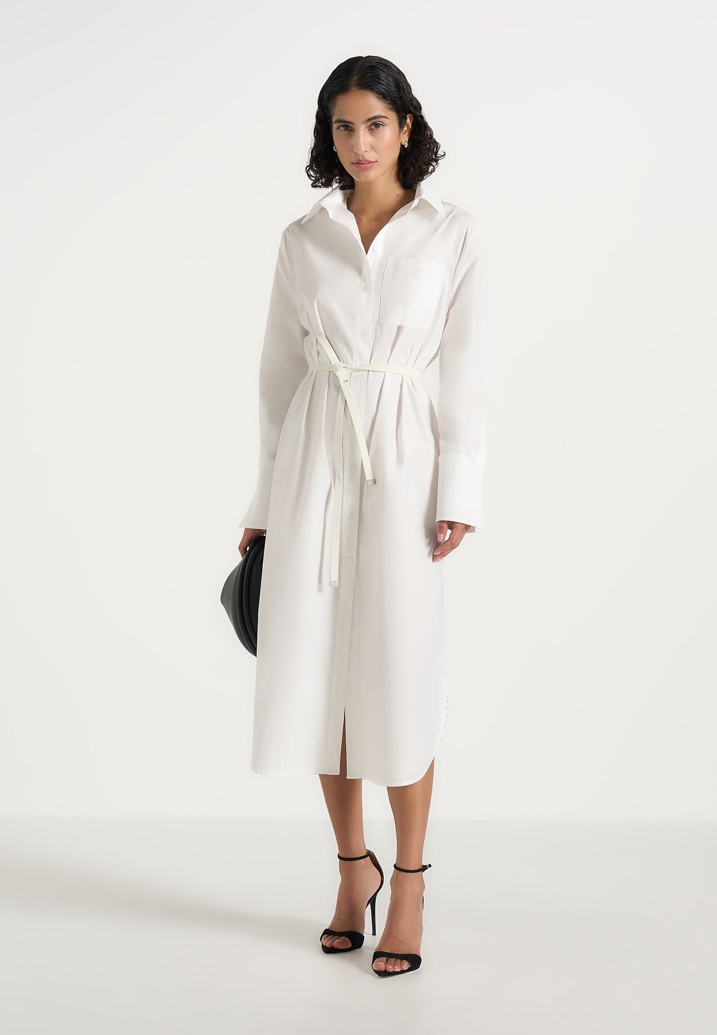 Isa - Belted Cotton Midi Shirt Dress - White 