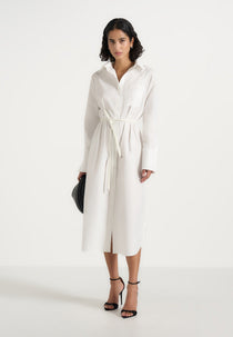 Isa - Belted Cotton Midi Shirt Dress - White