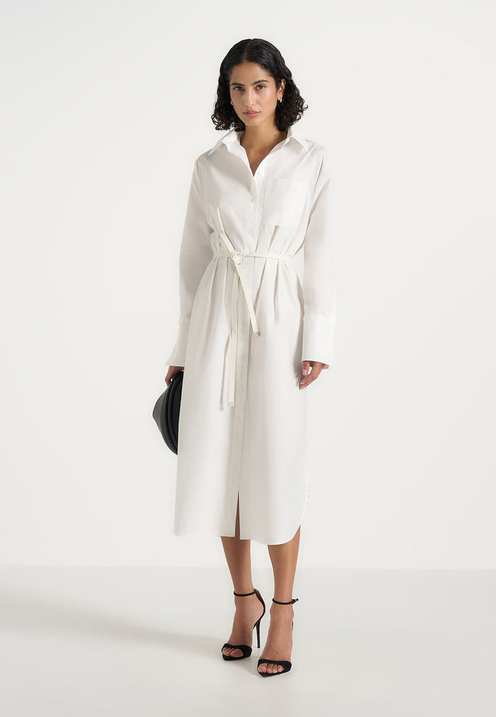 Isa - Belted Cotton Midi Shirt Dress - White