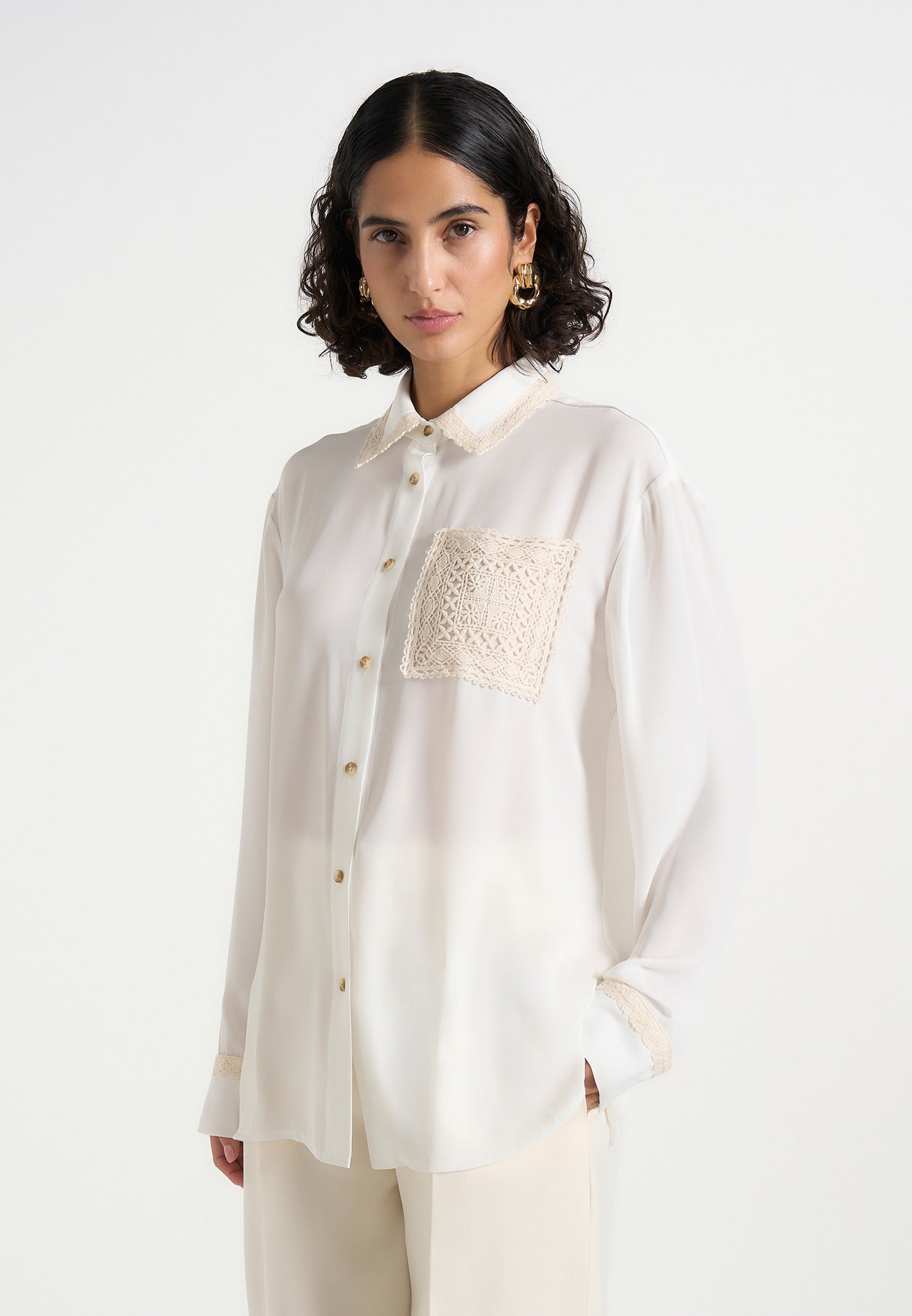 Mya - Crochet Detail Georgette Shirt - Off White 