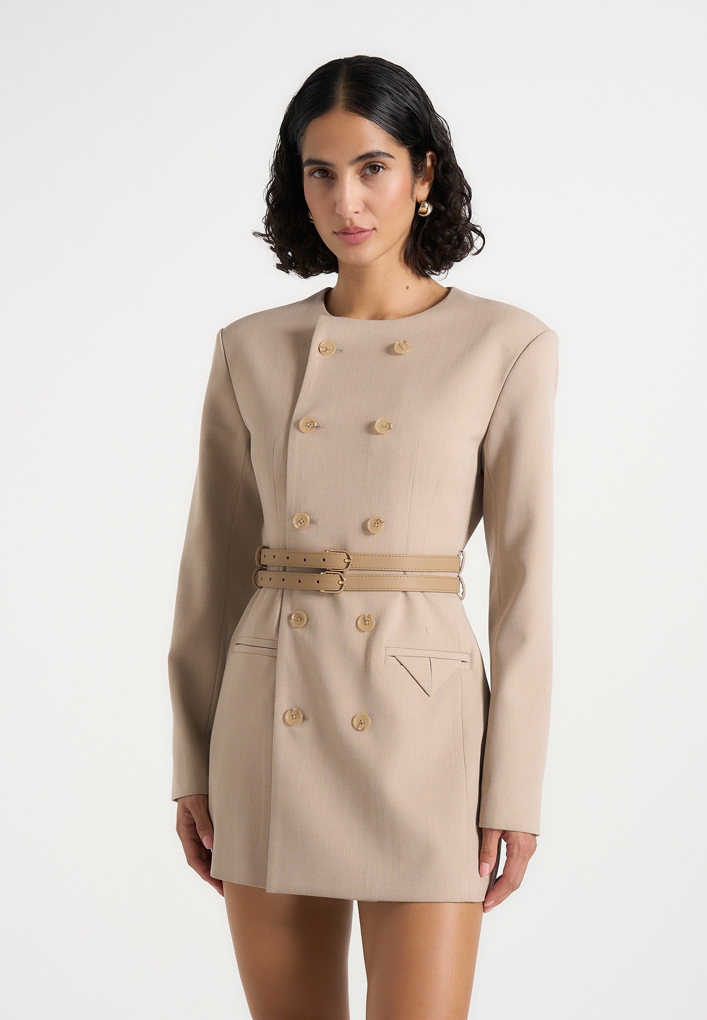 Sierra - Double Breasted Belted Blazer Dress - Beige 