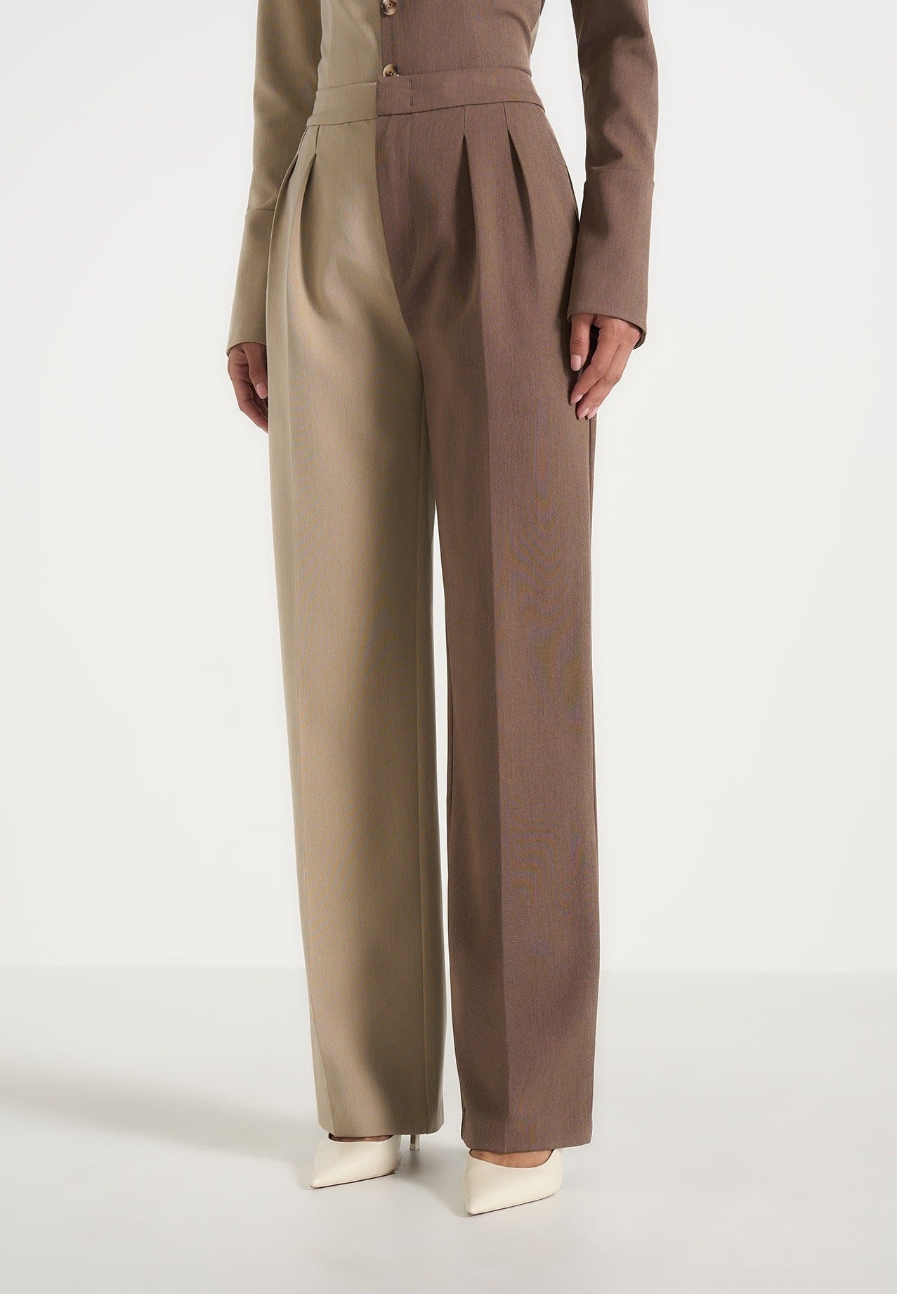 Julie - Two Tone Tailored Pants - Taupe/Brown 