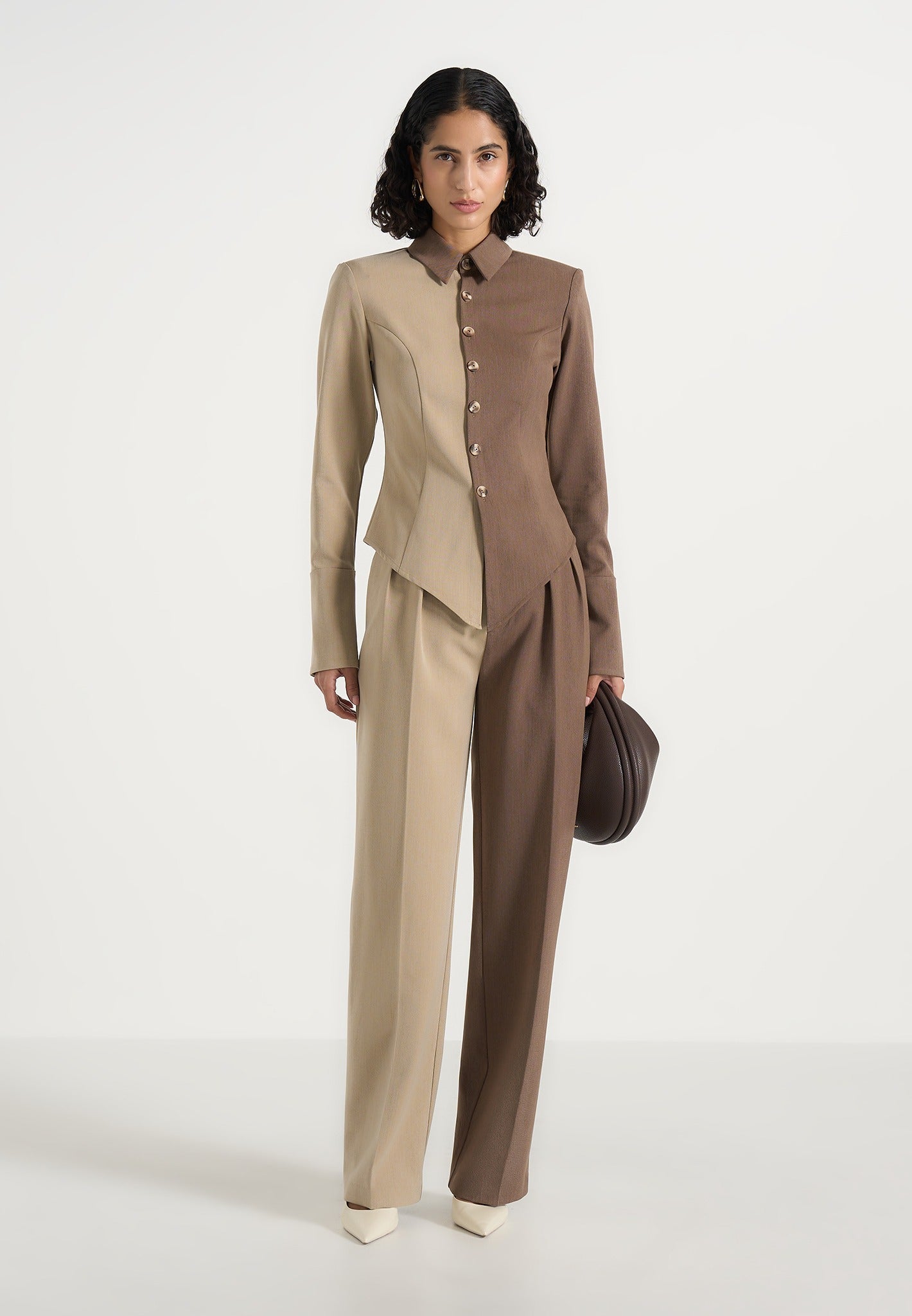 Julie - Two Tone Tailored Pants - Taupe/Brown 