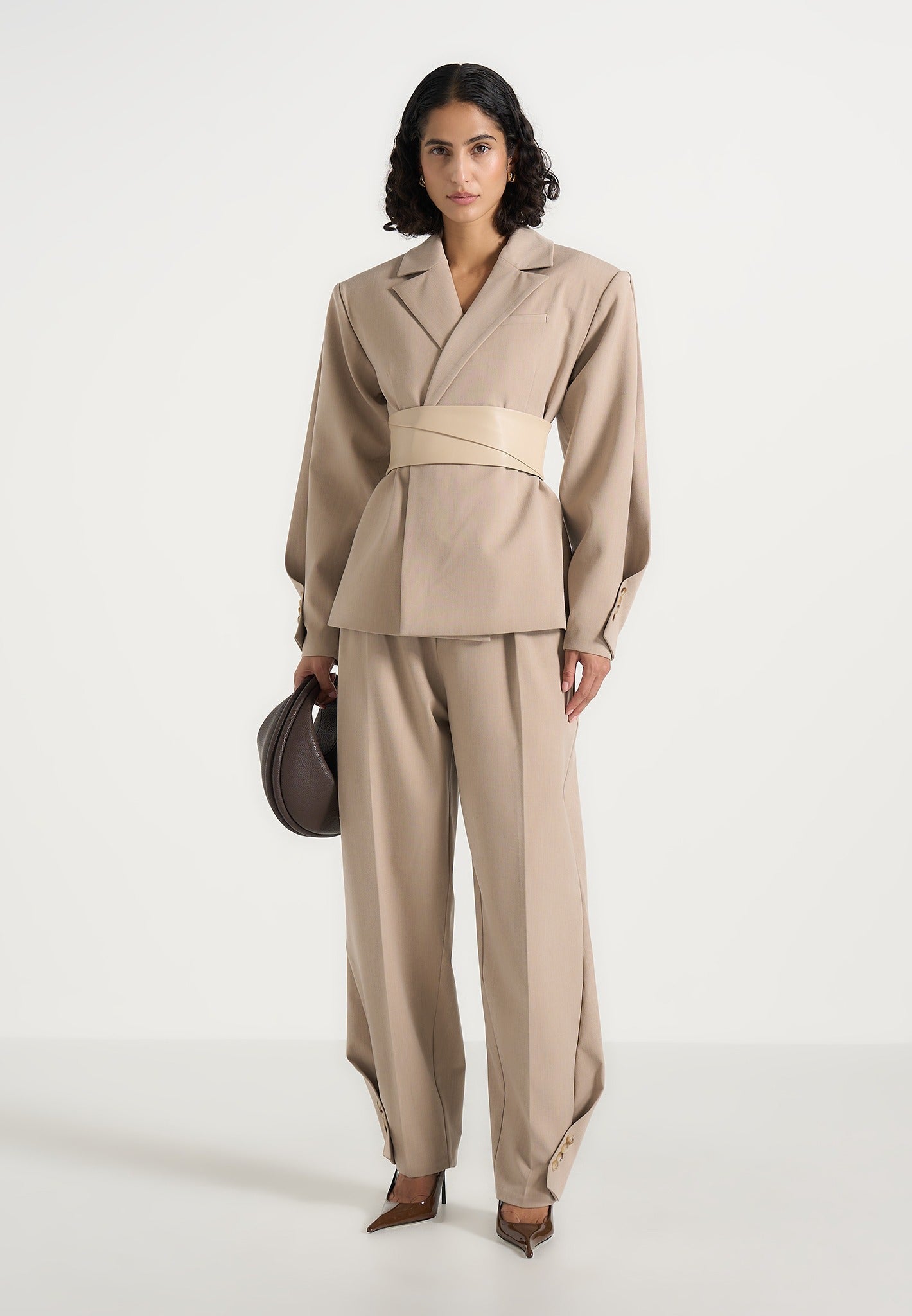 Marie - Twist Sleeve Tailored Blazer with Belt - Beige 