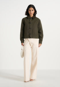Nino - Clasp Detail Contrast Stitch Gabardine Jacket - Olive