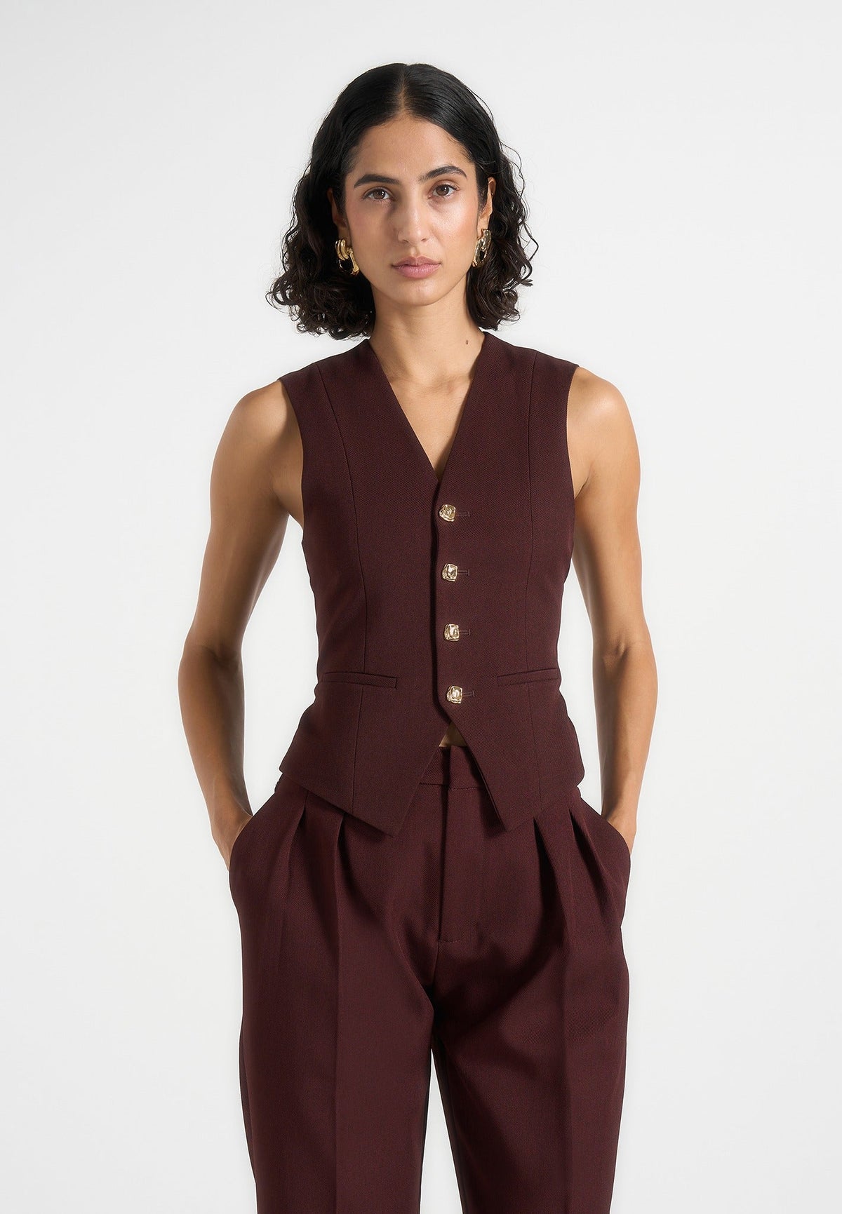 Christine - Tailored Cinch Suit Vest - Wine Red