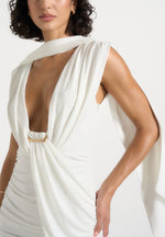 Mirena - Ruched Open Back Mini Dress With Scarf - White
