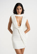 Mirena - Ruched Open Back Mini Dress With Scarf - White