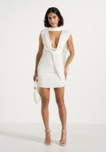 Mirena - Ruched Open Back Mini Dress With Scarf - White