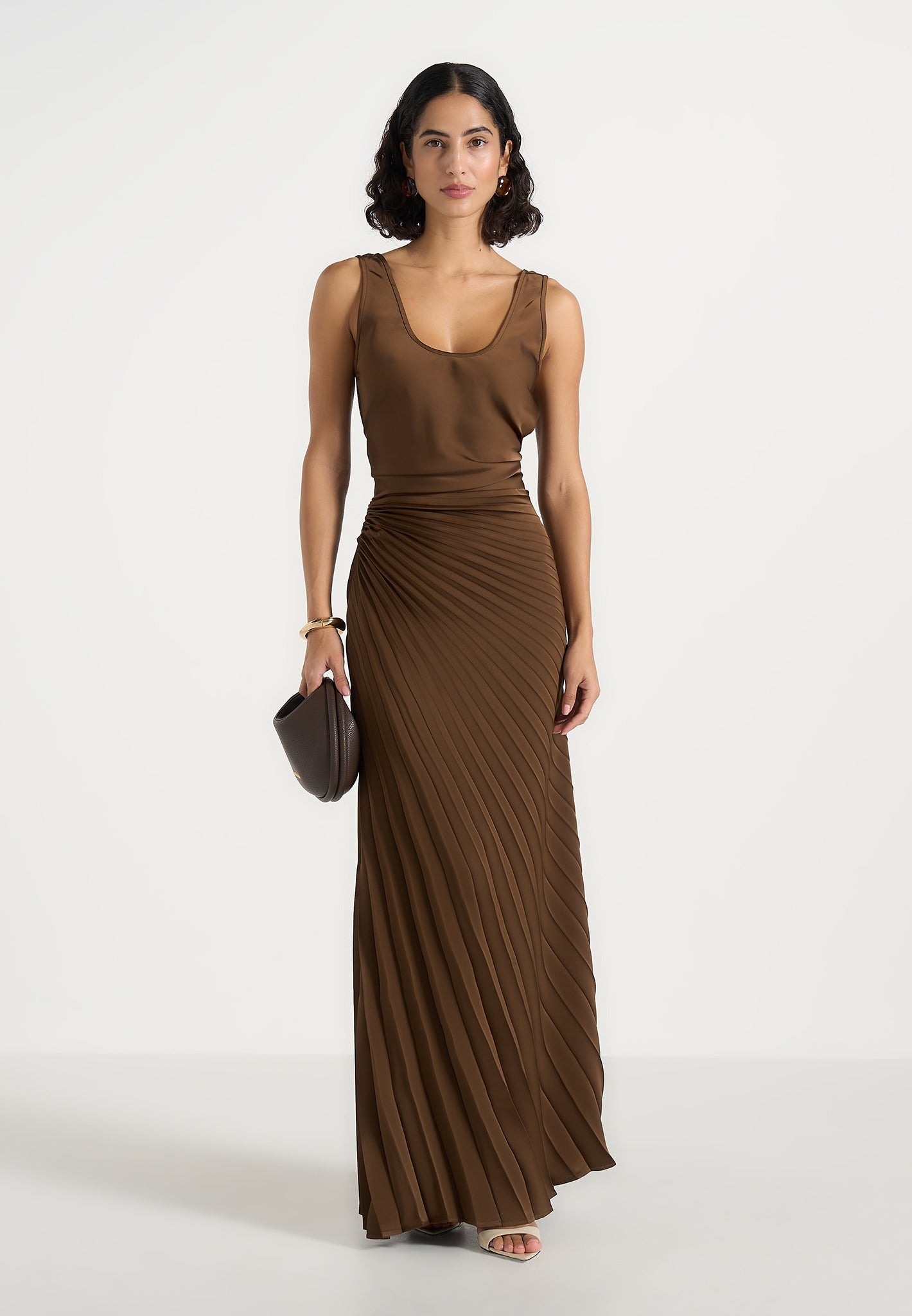 Fiona - Satin Fan Pleat Maxi Skirt - Brown 