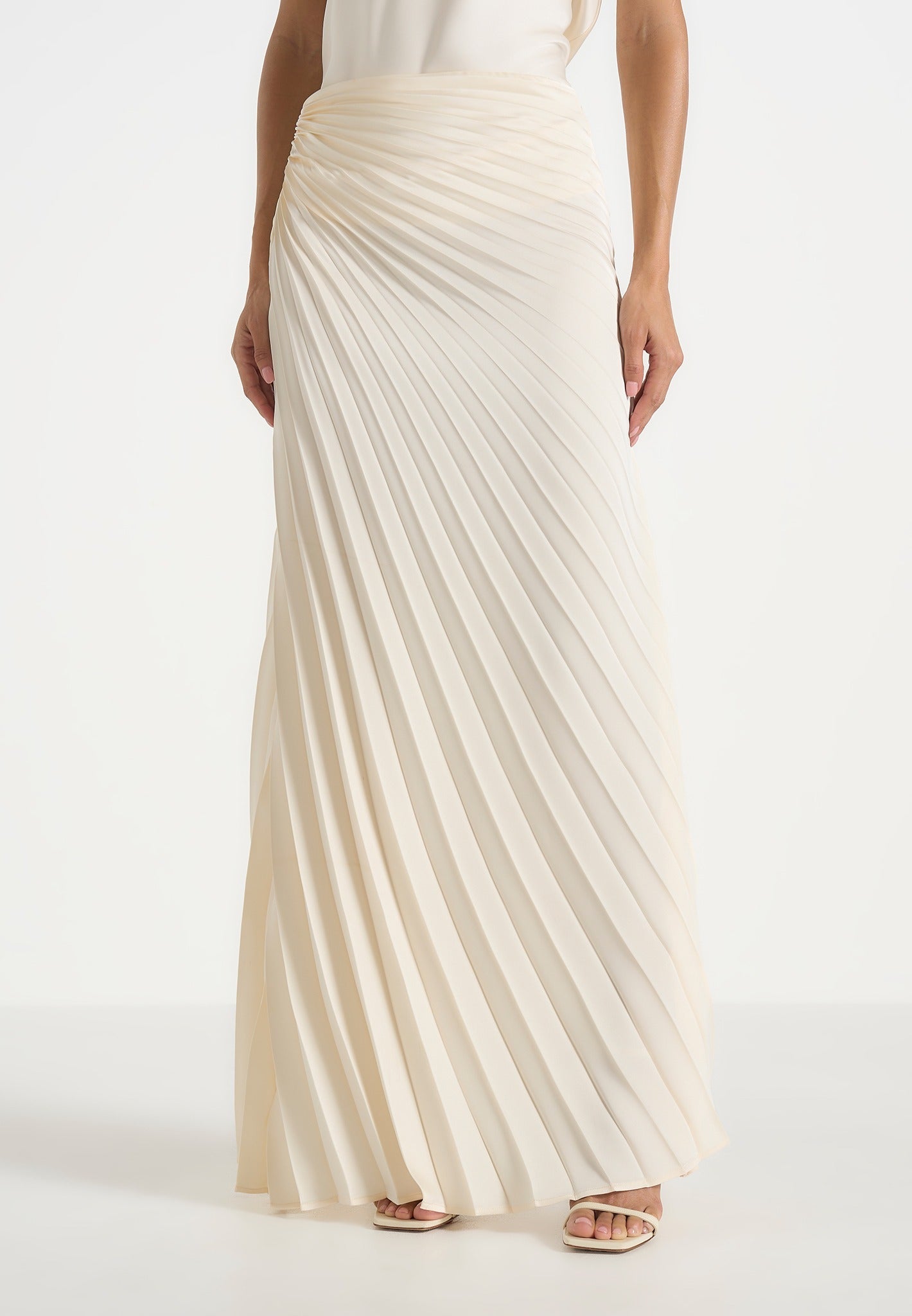 Fiona - Satin Fan Pleat Maxi Skirt - Ivory 