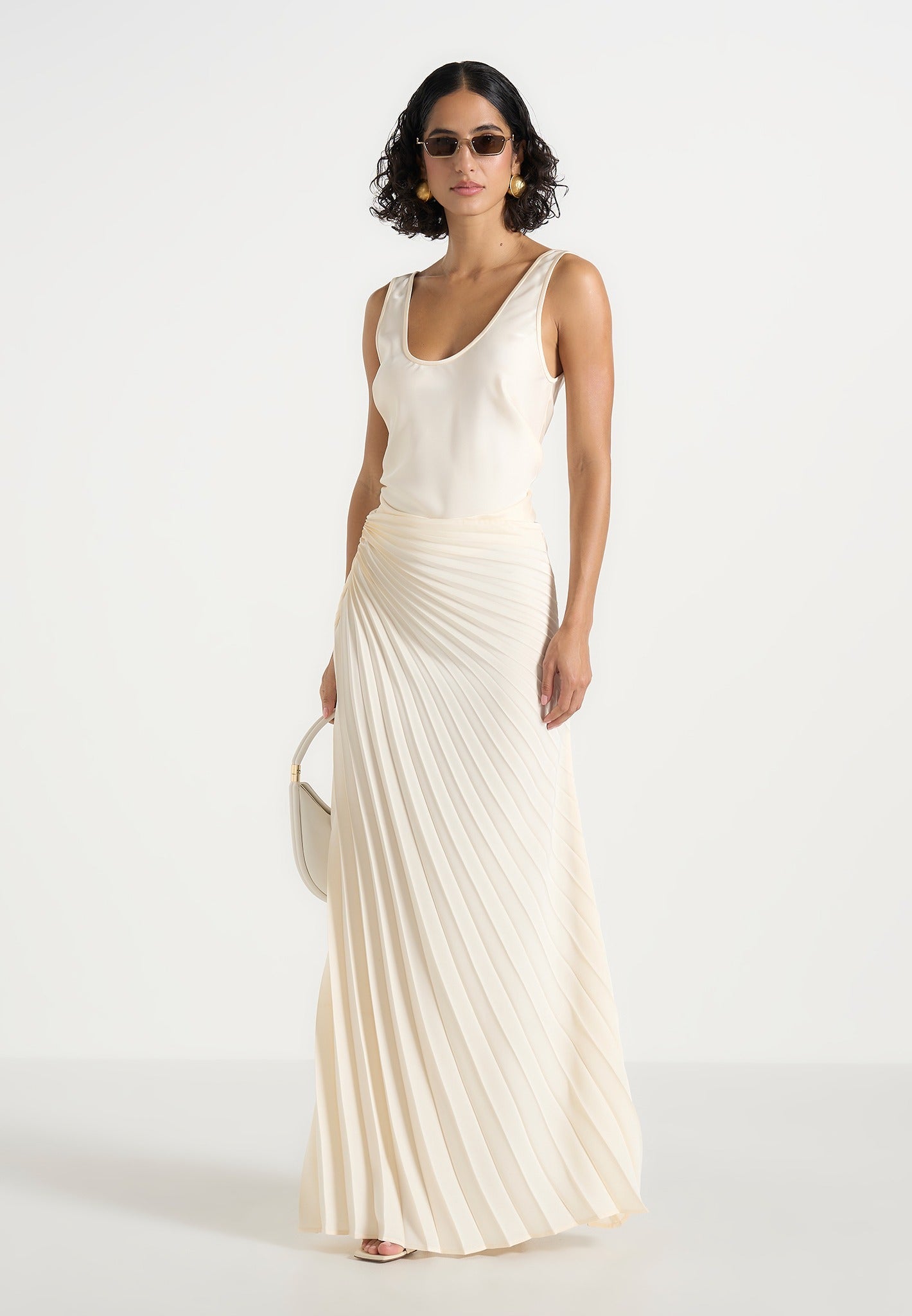 Fiona - Satin Fan Pleat Maxi Skirt - Ivory 