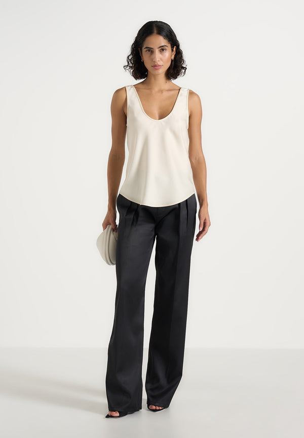 Mathilda - Satin Scoop Neck Open Back Tank Top - Ivory