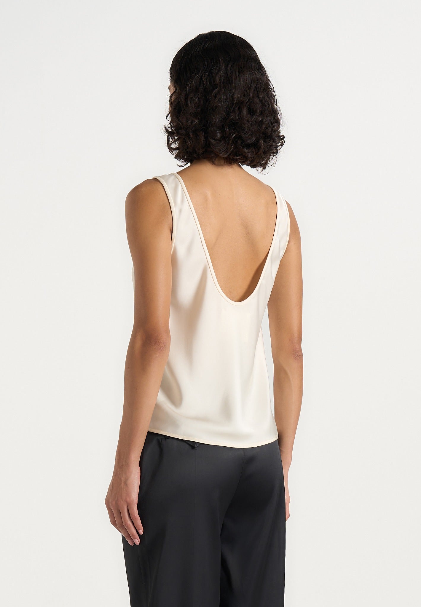 Mathilda - Satin Scoop Neck Open Back Tank Top - Ivory 
