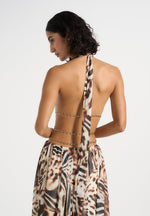 June - Chain Belt Cut-Out Georgette Halter Maxi Dress - Animal