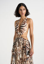 June - Chain Belt Cut-Out Georgette Halter Maxi Dress - Animal