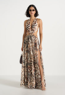 June - Chain Belt Cut-Out Georgette Halter Maxi Dress - Animal