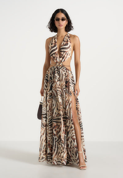 June - Chain Belt Cut-Out Georgette Halter Maxi Dress - Animal