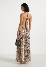 June - Chain Belt Cut-Out Georgette Halter Maxi Dress - Animal